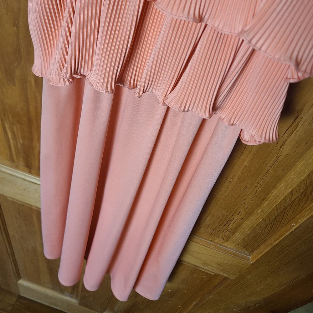 Vintage 70s Peach Pleated Midi Dress Floral Embroidered Trim Boho Prairie - Picture 6 of 16